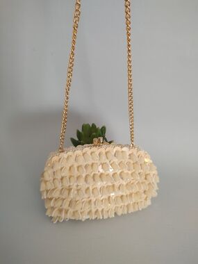 Elegant Cream Sequin Evening Clutch with Gold Chain